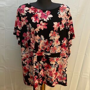 Vintage 1989 3X Liz Claiborne short sleeve black pink floral crew neck blouse
